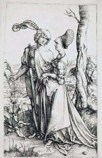 Un couple marchant, observé par la Mort cachée derrière un arbre, tenant un sablier. Gravure par Albrecht Dürer (1471-1528) 1496-1498 Dim. 19x12 cm Berlin, cabinet des estampes - Albrecht Dürer
