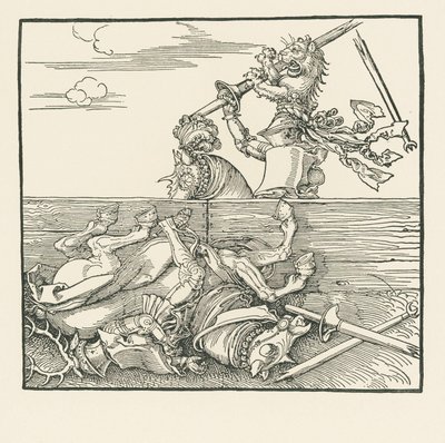 Le tournoi étranger. Maximilien a soulevé son adversaire Jacop de Heri de la selle, vers 1517-18 (gravure sur bois) - Albrecht Dürer or Duerer