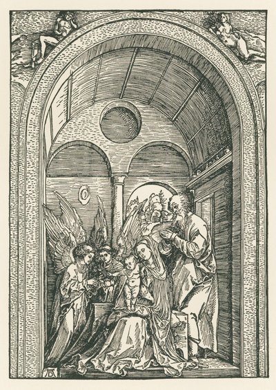 La Sainte Famille avec deux anges dans un portique, vers 1503-04 (gravure sur bois) - Albrecht Dürer or Duerer