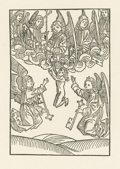 Les sept anges portant une croix et les six clés, avec lesquelles ils ont ouvert le ciel aux six œuvres de miséricorde, reçoivent une âme au ciel. - Albrecht Dürer or Duerer