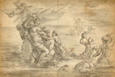 Vénus assise dans son char de mer et tétant Cupidon - Alessandro Algardi