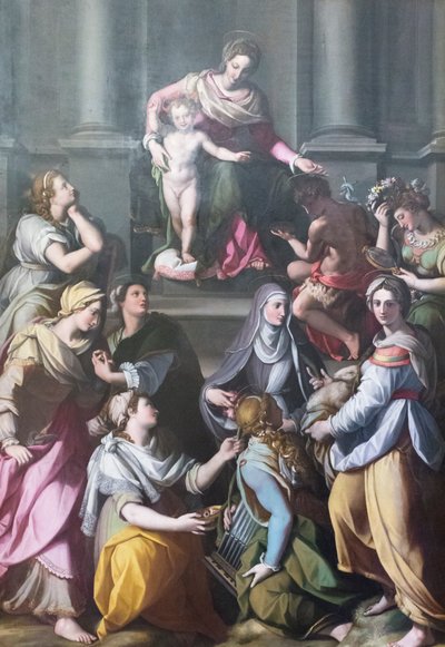 Madone en majesté avec Enfant, entourée de saints et de figures - Alessandro Allori