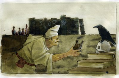 Alchimiste dans son laboratoire avec un corbeau, un crâne. - Alessandro Lonati
