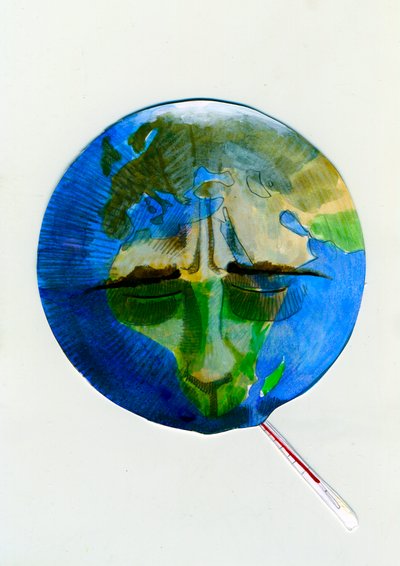 Représentation allégorique de la Terre, thermomètre dans la bouche, à cause des dommages causés par les humains - Alessandro Lonati