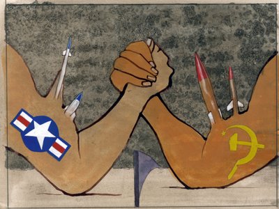 Représentation allégorique de la guerre froide comme un bras de fer entre les forces armées de l