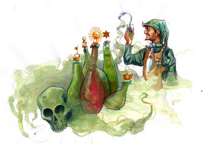 Un alchimiste dans son laboratoire entouré de fioles et d