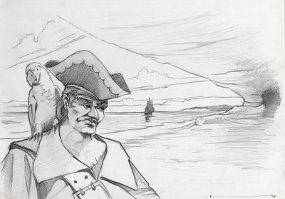 Pirate des Caraïbes avec un perroquet cherchant un trésor dans une grotte sur une plage, avec un galion. - Alessandro Lonati