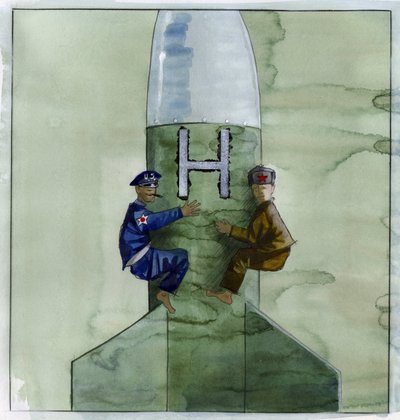 Guerre froide : un officier américain et un officier soviétique accrochés à un missile nucléaire - Alessandro Lonati