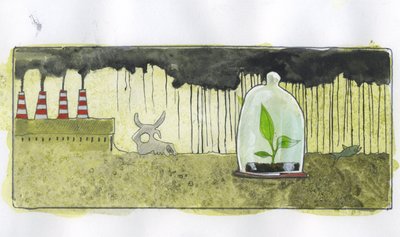 Écologie, pollution : une petite plante verte gardée sous une cloche entourée de squelettes d
