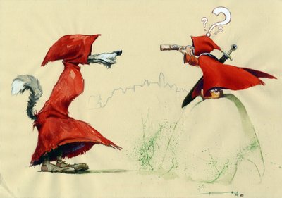 Fable du Petit Chaperon Rouge de Charles Perrault (1628-1703) revisitée : le Petit Chaperon Rouge avec une épée observe avec des longues vues le loup déguisé en manteau rouge. Dessin par Alessandro Lonati - Alessandro Lonati