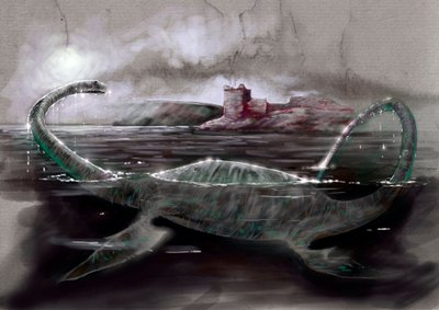 Monstres et créatures fantastiques, cryptozoologie : représentation de Nessie, le monstre du Loch Ness en Écosse - Dessin par Alessandro Lonati, 2012 - Alessandro Lonati
