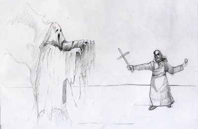 Combat entre un moine tenant un crucifix et un fantôme - Alessandro Lonati