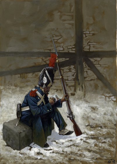 Premier Empire : grenadier de la garde en manteau assis dans la neige. Dessin par Alessandro Lonati - Alessandro Lonati