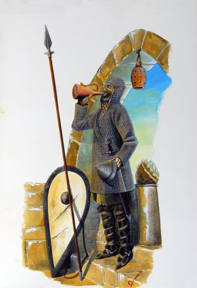 Première croisade : un chevalier au repos, équipé de son haubert, buvant à la carafe, son bouclier et sa lance sont placés près de lui. - Alessandro Lonati