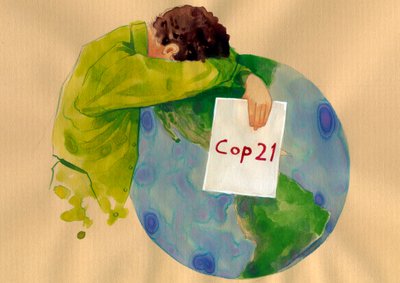 Futur de la Terre, un homme pleurant tenant dans ses mains le signe de la COP 21 (Conférence des Nations Unies sur les changements climatiques de 2015) tenue à Paris qui devait trouver des solutions au réchauffement climatique et à la pollution - Alessandro Lonati