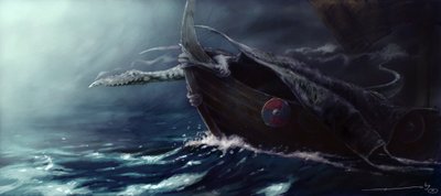 Créature légendaire : dragon attaquant un drakkar (bateau viking). - Alessandro Lonati