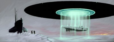 Rencontre au pôle Nord entre un sous-marin U-boot et une soucoupe volante (OVNI, UFO ou extraterrestre) pour la restitution d