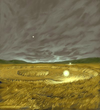 Phénomènes mystérieux : représentation de la formation légendaire des cercles de culture (agroglyphe, crop circle ou cercle de blé) formes géométriques faites dans les champs de blé qui selon certaines théories sont l
