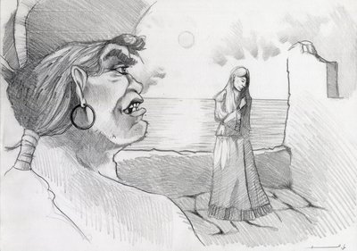 Pirate (corsaire) des Caraïbes menaçant une dame dans une forteresse. Dessin par Alessandro Lonati - Alessandro Lonati