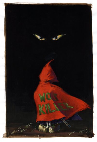 Le Petit Chaperon Rouge revisité par Charles Perrault (1628-1703) : le Chaperon Rouge fait face aux yeux du loup dans le noir avec un fusil caché sous son manteau rouge « Tueur de loup ». Dessin par Alessandro Lonati - Alessandro Lonati