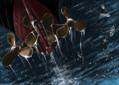 Vue des hélices du paquebot transatlantique Titanic au moment du naufrage les 14 et 15 avril 1912. Illustration par Alesandro Lonati. 2010 - Alessandro Lonati