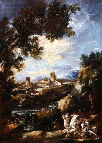Paysage avec des Carmélites priant à un sanctuaire au bord de la route, vers 1720 - Alessandro Magnasco