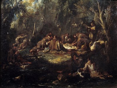 Scène de vie monastique Moines déjeunant, priant et lisant dans un sous-bois. Peinture par Alessandro Magnasco - Alessandro Magnasco