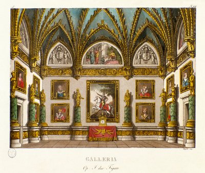 Vue de la galerie décorée de peintures. Scénographie pour l