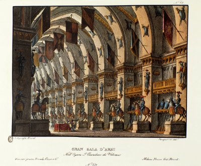 Vue de la grande salle des armes Scénographie pour la représentation de l