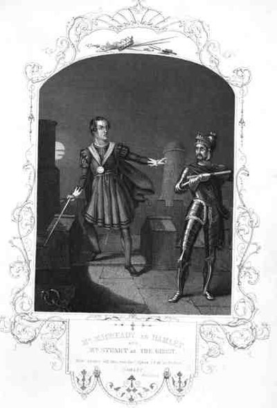 M. Macready en Hamlet et M. Stuart en Le Fantôme, Acte I Scène 5, dans Hamlet par William Shakespeare, gravé par George Hollis - Alexander (after) Reid