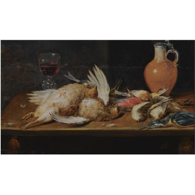 Nature morte avec un rouge-gorge, un martin-pêcheur, des perdrix et des oiseaux chanteurs, le tout sur une table en bois, ainsi qu