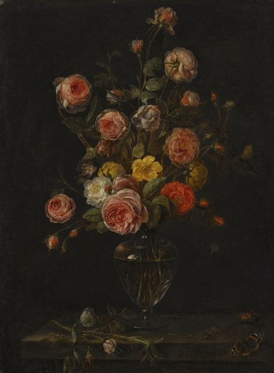 Nature morte avec des roses rouges, blanches et roses dans un vase en verre sur une corniche en pierre avec des papillons, une sauterelle et un scarabée. - Alexander Adriaenssen