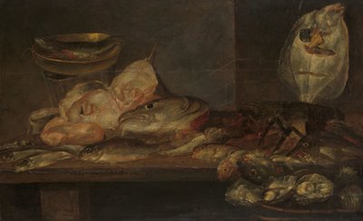 Nature morte avec poissons, homard et huîtres sur une table à proximité - Alexander Adriaenssen