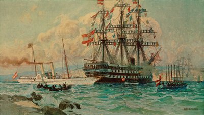 Le yacht autrichien Fantasie et le paquebot Kaiser ... (peinture sur toile) - Alexander Kirchner