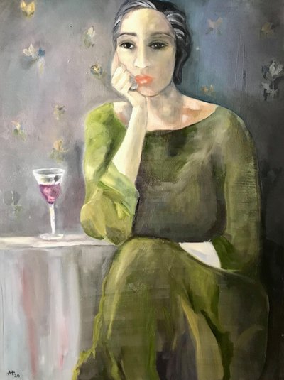 Une femme pensive avec un verre de vin - Alexandra Higgins