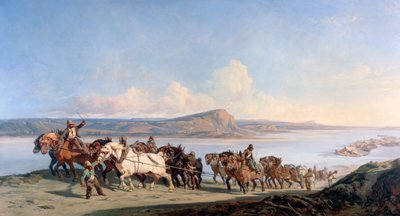 Attelage de chevaux tirant des bateaux sur le Rhône, vers 1825-1870 - Alexandre Dubuisson