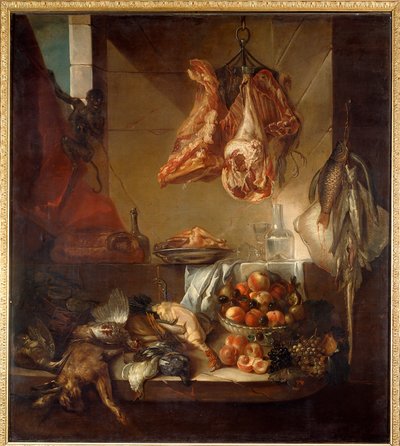Intérieur de cuisine avec nature morte de gibier, fruits et viande - Alexandre Francois Desportes