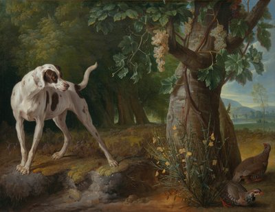 Chien pointant des perdrix dans un paysage - Alexandre Francois Desportes