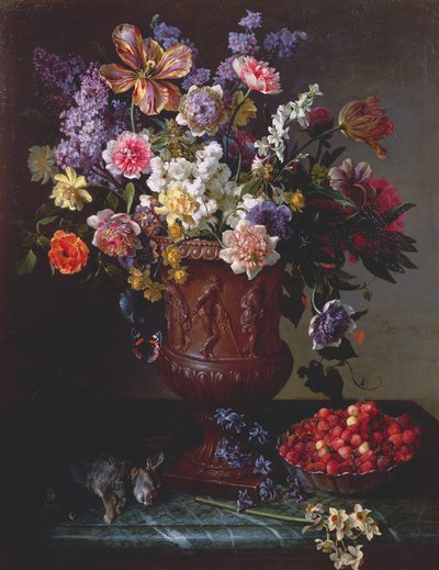 Fleurs dans une urne sculptée avec un bol de fraises des bois et un lièvre sur un rebord, 1715 - Alexandre Francois Desportes