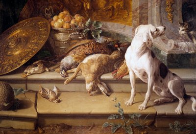 Nature morte Chien de chasse, gibier (lièvre, faisan, perdrix) (détail) - Alexandre Francois Desportes