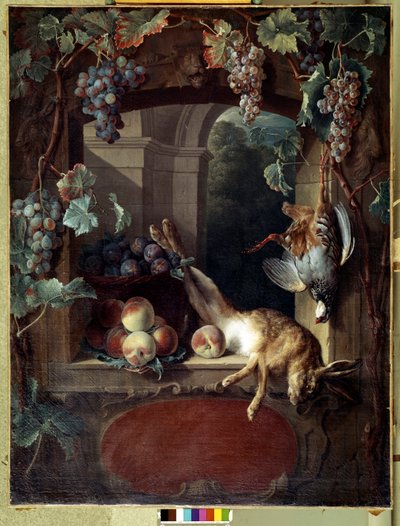 Nature morte à la treille. Raisins, pêches et gibier (lièvre, oiseau mort). Peinture par François Desportes (1661-1743) XVIIIe siècle. Lyon, Musée des Beaux-Arts - Alexandre Francois Desportes