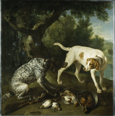 Deux pointeurs appartenant au 3e comte de Burlington avec du gibier mort dans un paysage - Alexandre Francois Desportes