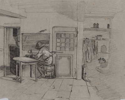 Intérieur de ferme avec un garçon à une table - Alexandre Gabriel Decamps