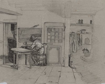 Intérieur de ferme avec un garçon à une table - Alexandre Gabriel Decamps