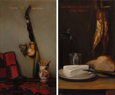 Nature morte avec pipe et allumettes et Nature morte avec hareng, pain et fromage (paire) - Alexandre Gabriel Decamps