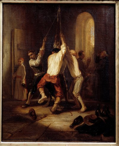 Les sonneries. Des hommes tirent la corde pour sonner les cloches. Peinture d