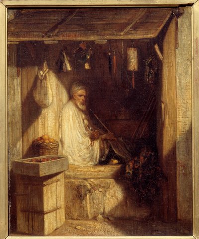 Marchand turc fumant dans sa boutique. Peinture d