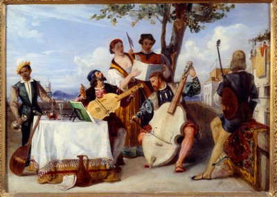 Le Concert Vénitien. Musiciens (violoncelle, luth, violon) et chanteurs sur une terrasse servis par un serviteur noir. Peinture d