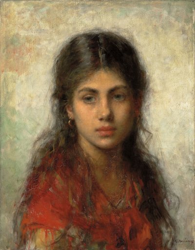 Fille avec un Châle Rouge - Alexei Alexevich Harlamoff