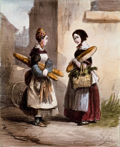 Petits métiers : la boulangerie. Jeune marchand de pain ambulant. Gravure par Alfred Andre Geniole de « Les femmes de Paris » 1841-1842 Paris, Musée Carnavalet - Alfred Andre Geniole